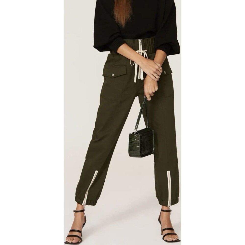 Marissa Webb Collective Canvas Zip Ankle Joggers Olive Cargo Drawstring Sz 4